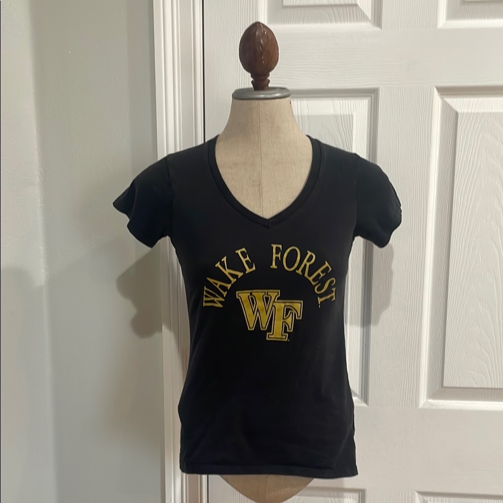 Champion Wake Forest Black V-Neck short sleeve T-shirt Top 100% cotton size XS